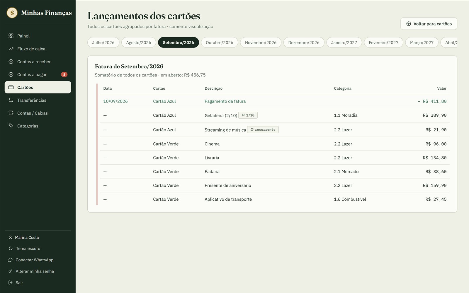 Fatura do cartão com compras parceladas e recorrentes