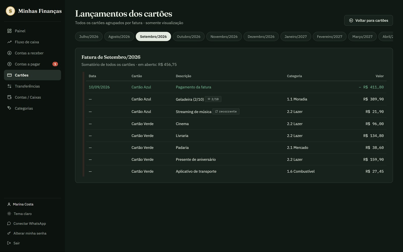 Fatura do cartão com compras parceladas e recorrentes